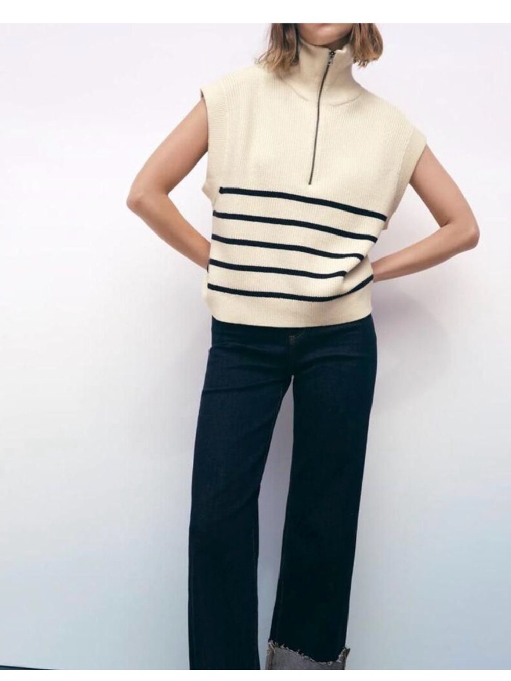 Zara Knit Striped Sweater Vest Half Zip Mock Neck Cream Navy Size Medium